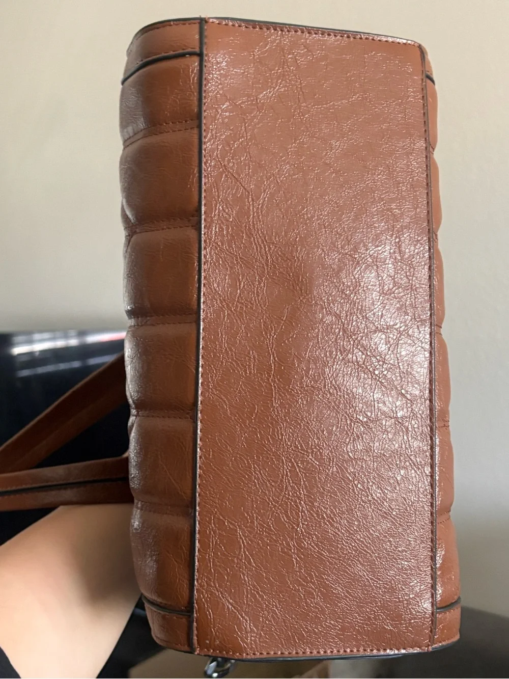 Steve Madden Quilted Brown Leather Tote with Chain Accent - Picture 3 of 5